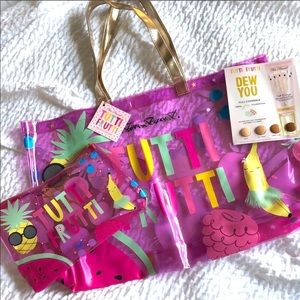 Too Faced Tuttie Frutti tote clutch and sample